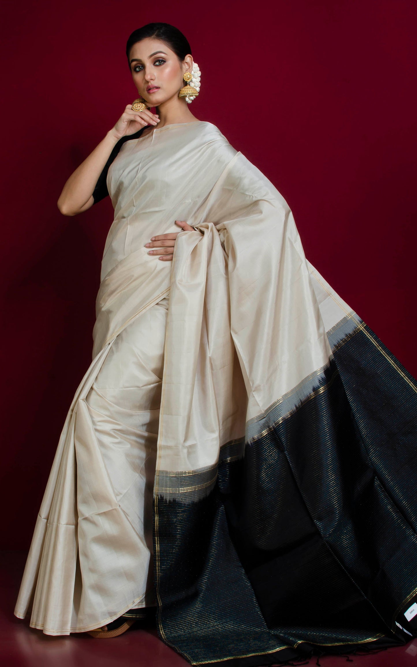 Soft Silk Kanchipuram Silk Saree in Ivory White, Raven Black and Gold Zari Work