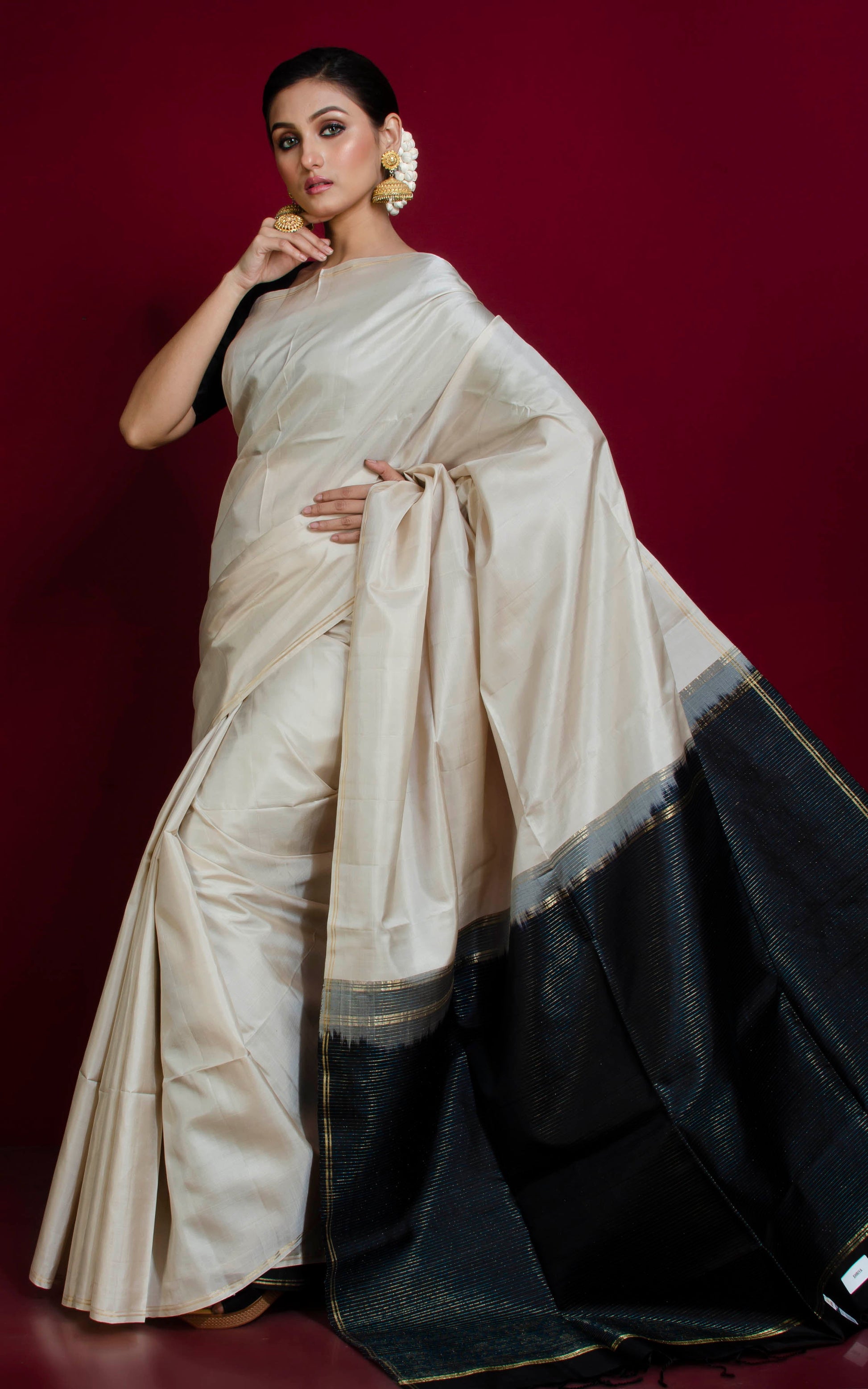 Soft Silk Kanchipuram Silk Saree in Ivory White, Raven Black and Gold Zari Work