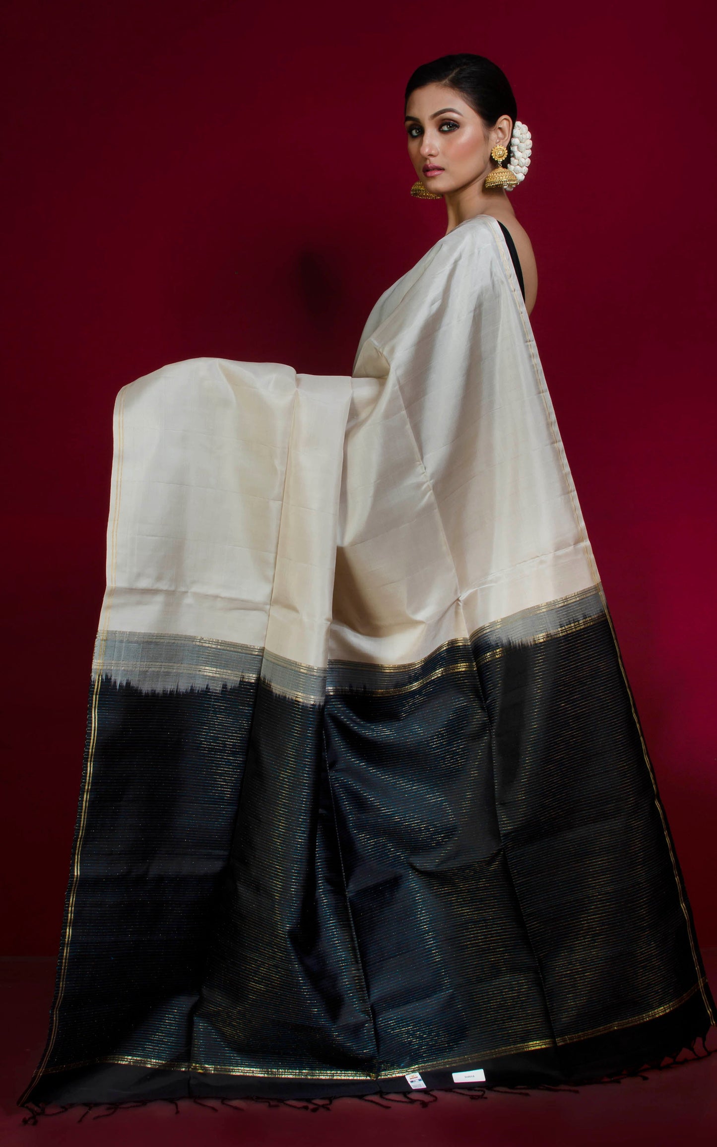 Soft Silk Kanchipuram Silk Saree in Ivory White, Raven Black and Gold Zari Work