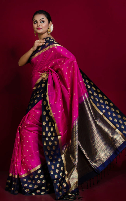 Soft Silk Floral Nakshi Motif Border Kanchipuram Silk Saree in Magenta, Midnight Blue and Brush Gold