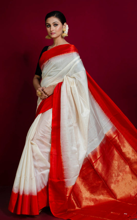 Premium Quality Soft Silk Kotki Border Kanchipuram Silk Saree in White, Red and Gold