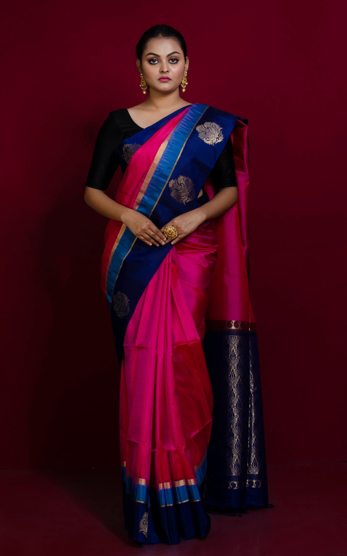 Soft Silk Metro Nakshi Border Kanchipuram Silk Saree in Cerise Pink, Dark Indigo Blue, Cobalt Blue and Brush Gold