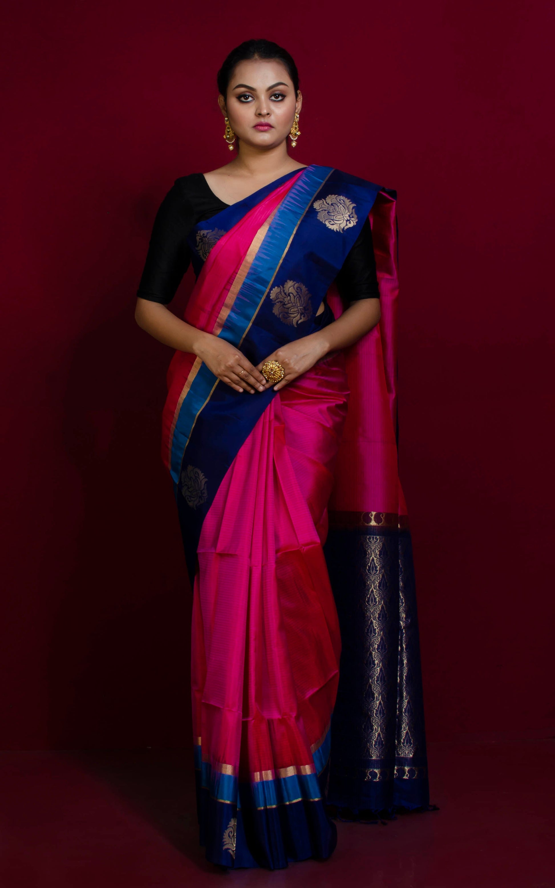 Soft Silk Metro Nakshi Border Kanchipuram Silk Saree in Cerise Pink, Dark Indigo Blue, Cobalt Blue and Brush Gold