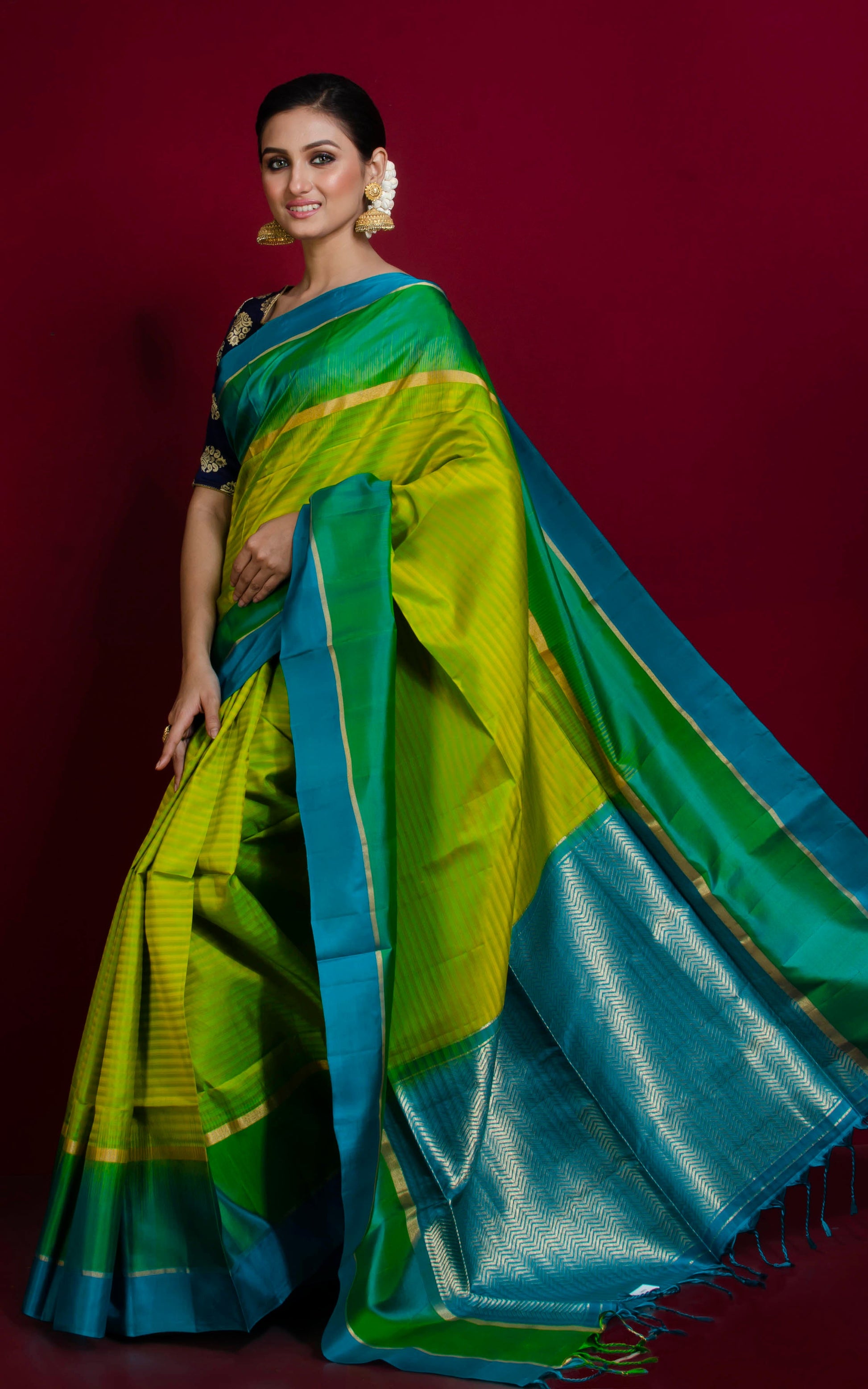 Soft Silk Metro Border Kanchipuram Silk Saree in Sheen Green, Jade, Cerulean Blue and Brush Gold