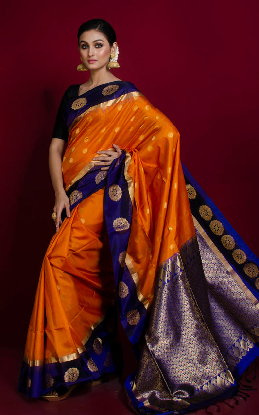 Premium Quality Soft Silk Nakshi Motif Work Border Kanchipuram Silk Saree in Burnt Orange and Berry Blue