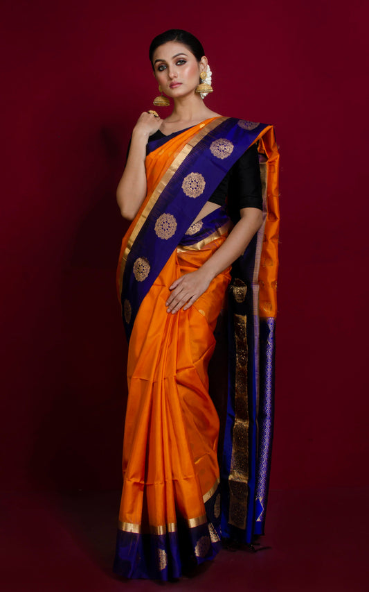 Premium Quality Soft Silk Nakshi Motif Work Border Kanchipuram Silk Saree in Burnt Orange and Berry Blue