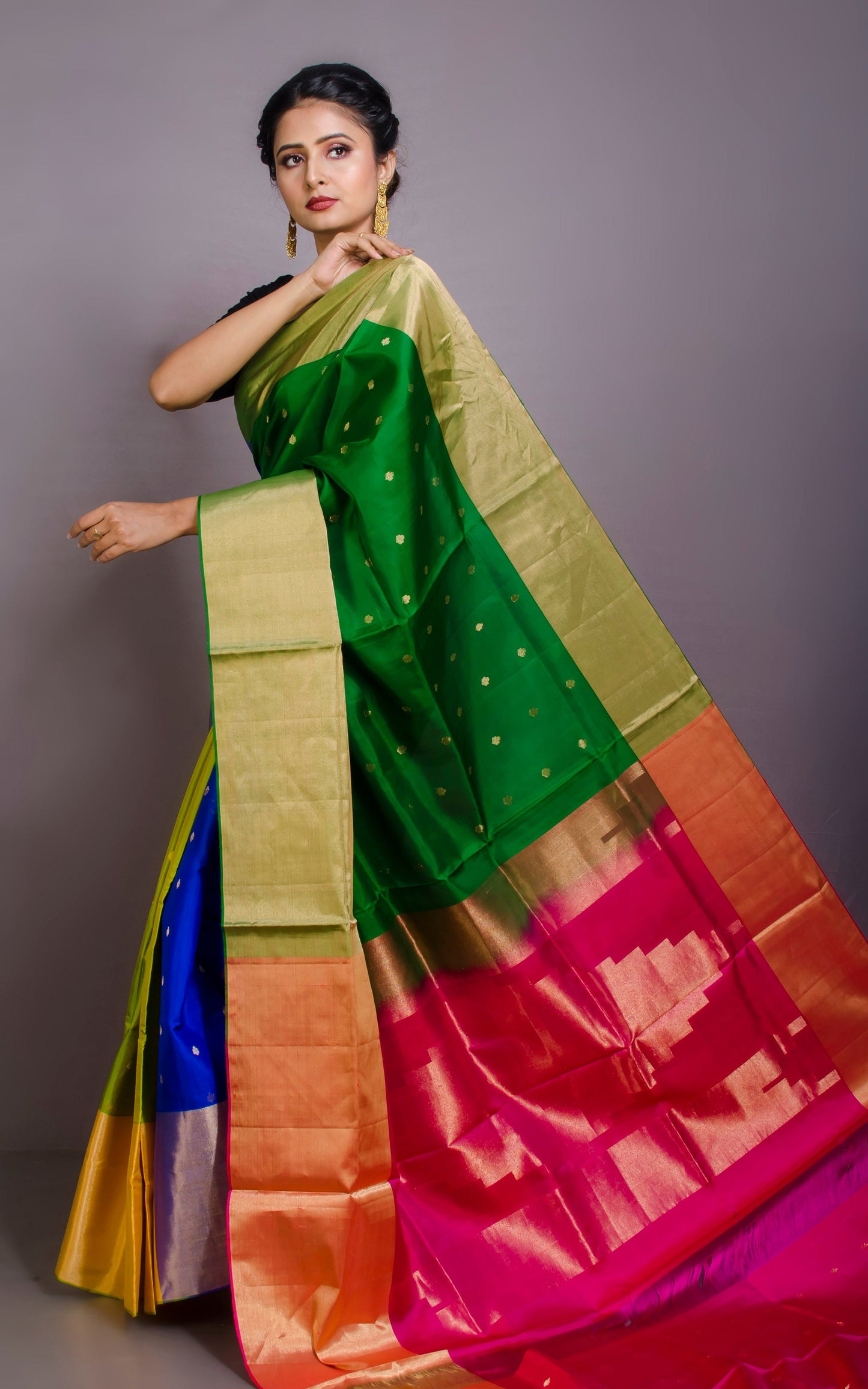 Soft Silk 4D Kanchipuram Silk Saree in Brush Gold Tissue Finish Border and Makhi Butta