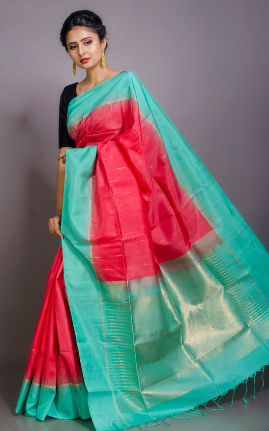 Premium Quality Soft Silk Kotki Border Kanchipuram Silk Saree in Vibrant Peach, Seafoam Green and Rain Drop Woven Gold Zari Butta