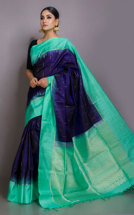 Premium Quality Soft Silk Kotki Border Kanchipuram Silk Saree in Midnight Blue, Mint Green and Rain Drop Woven Gold Zari Butta
