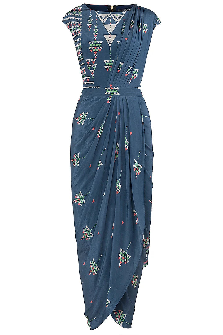 Blue Printed Drape Saree