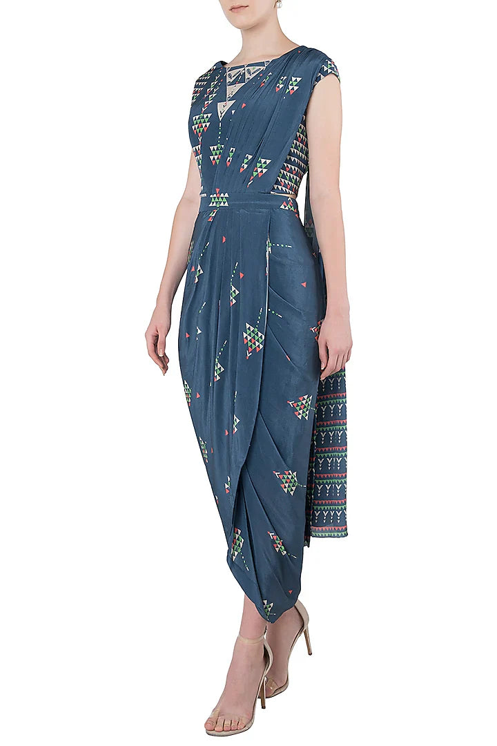 Blue Printed Drape Saree