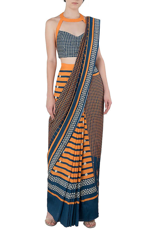 Blue and Yellow Geometric Printed Saree with Blouse