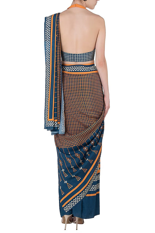 Blue and Yellow Geometric Printed Saree with Blouse
