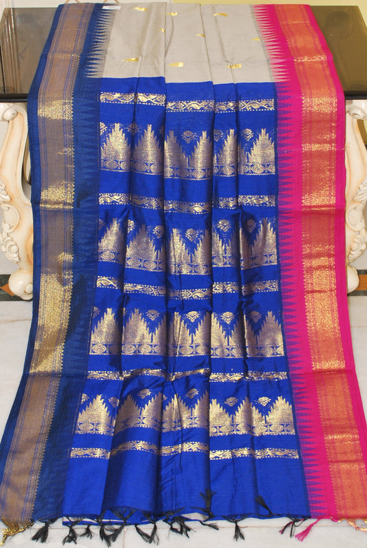 Crowned Temple Ganga Jamuna Border Cotton Gadwal Saree with Rich Pallu in Grey, Deep Blue and Hot Pink