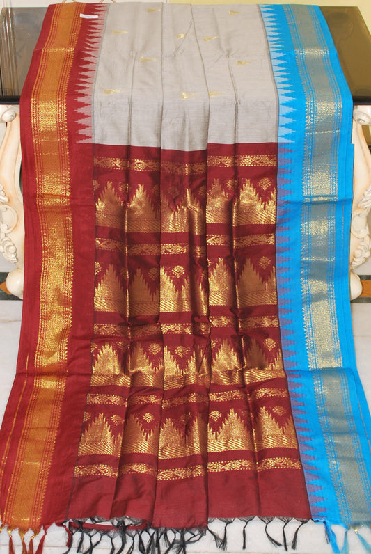 Crowned Temple Ganga Jamuna Border Cotton Gadwal Saree with Rich Pallu in Grey, Maroon and Strobe Blue