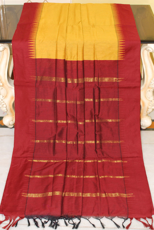 Soft South Cotton Pencil Border Gadwal Saree in Amber Yellow and Maroon