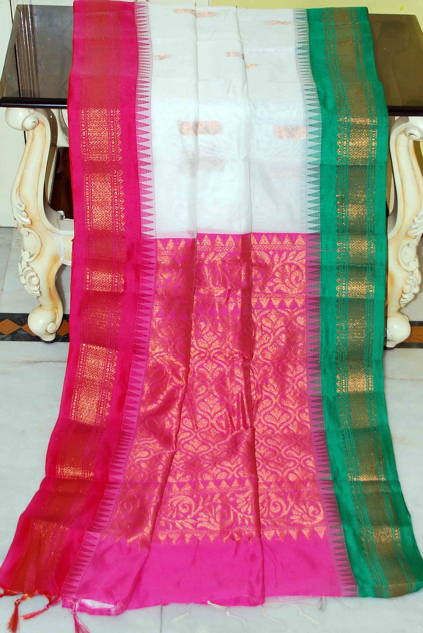 Ganga Jamuna Border Sico Cotton Gadwal Saree with Rich Pallu in White, Hot Pink and Pastel Green