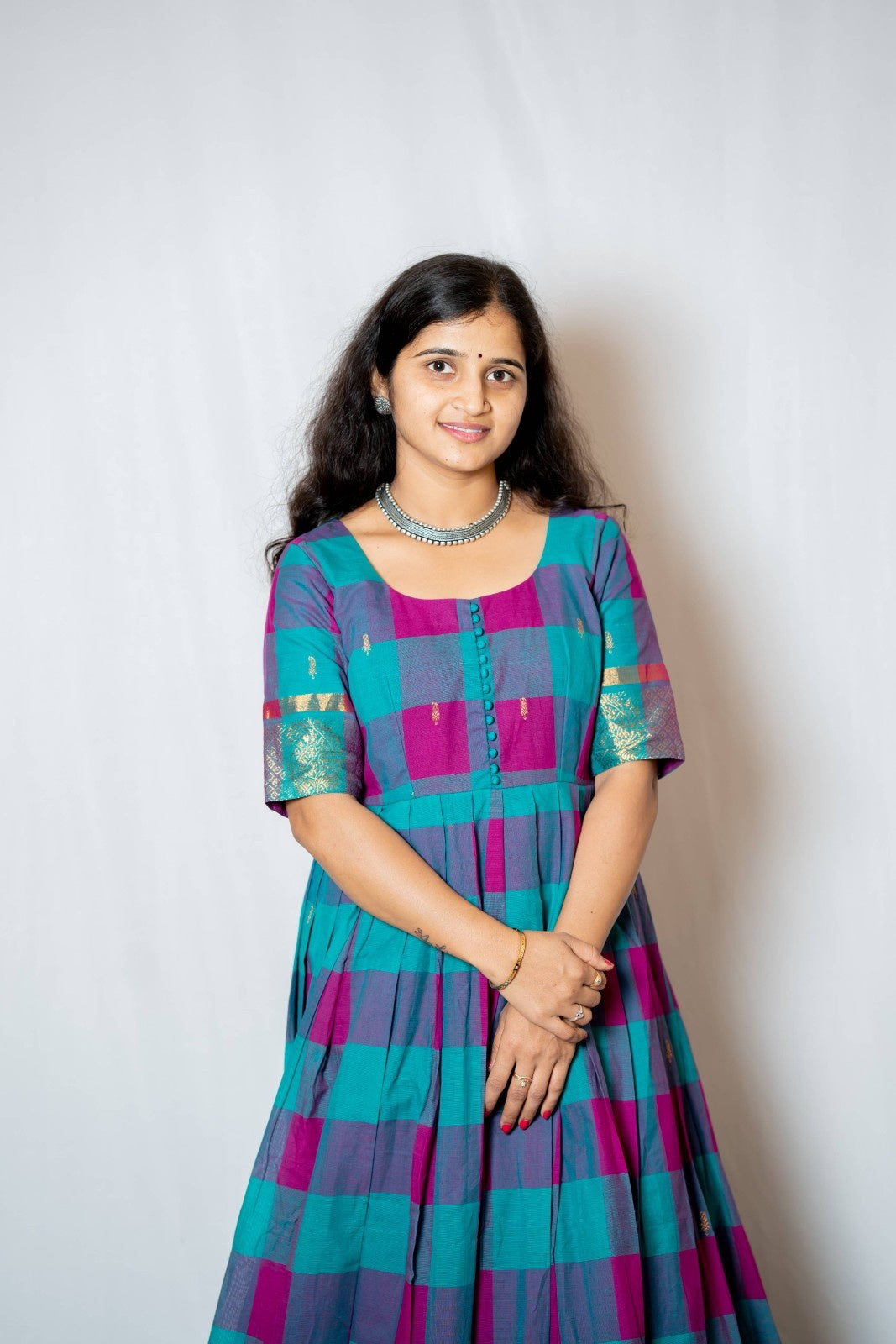 Kattam - Anarkali dress in chettinad cotton in Teal and Pink checks