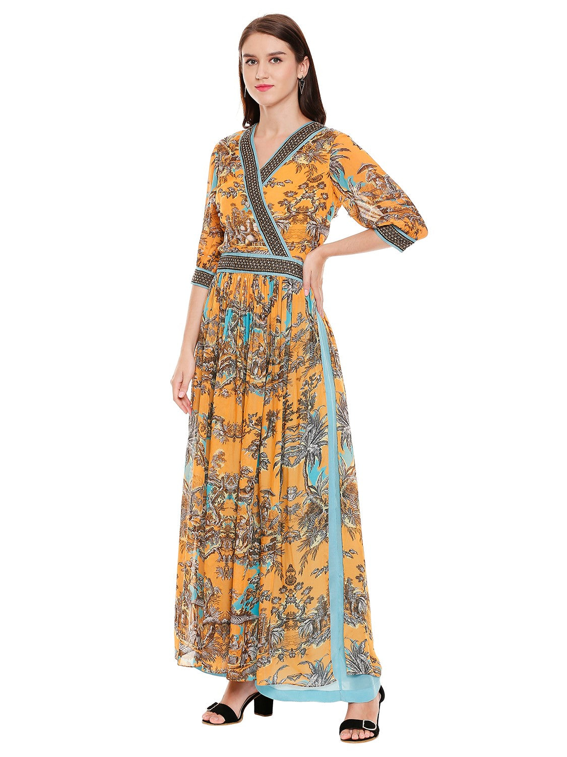 Overlap Yoke Printed Kurta Paired With Flared Pants