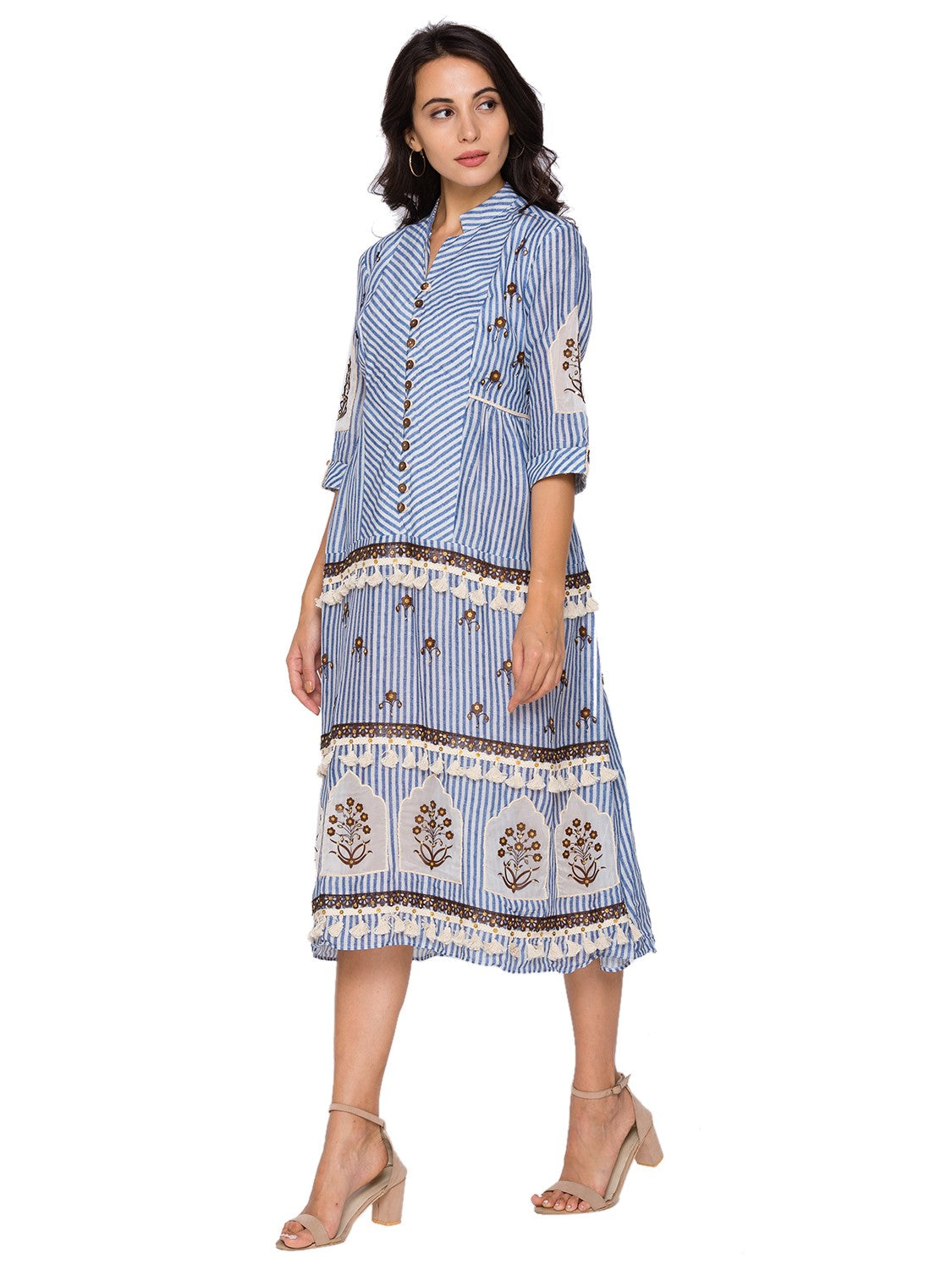 Sartorial Printed  Short Tier Dress With Cutwork Leather Embroidery With Lace And Potli Buttons