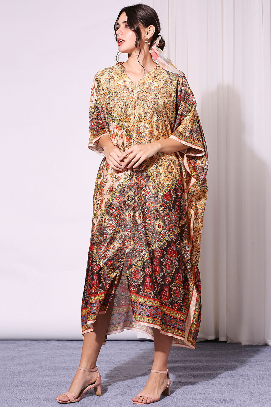Golden Applique Printed Silk Kaftaan Dress