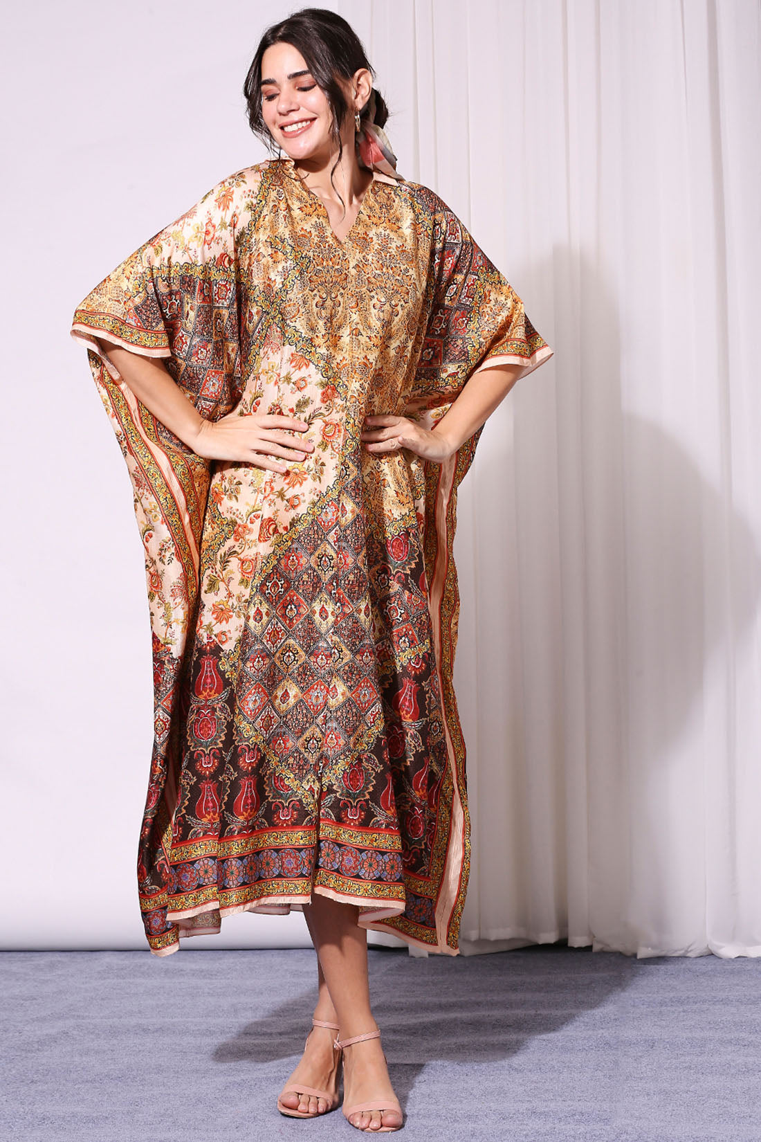 Golden Applique Printed Silk Kaftaan Dress