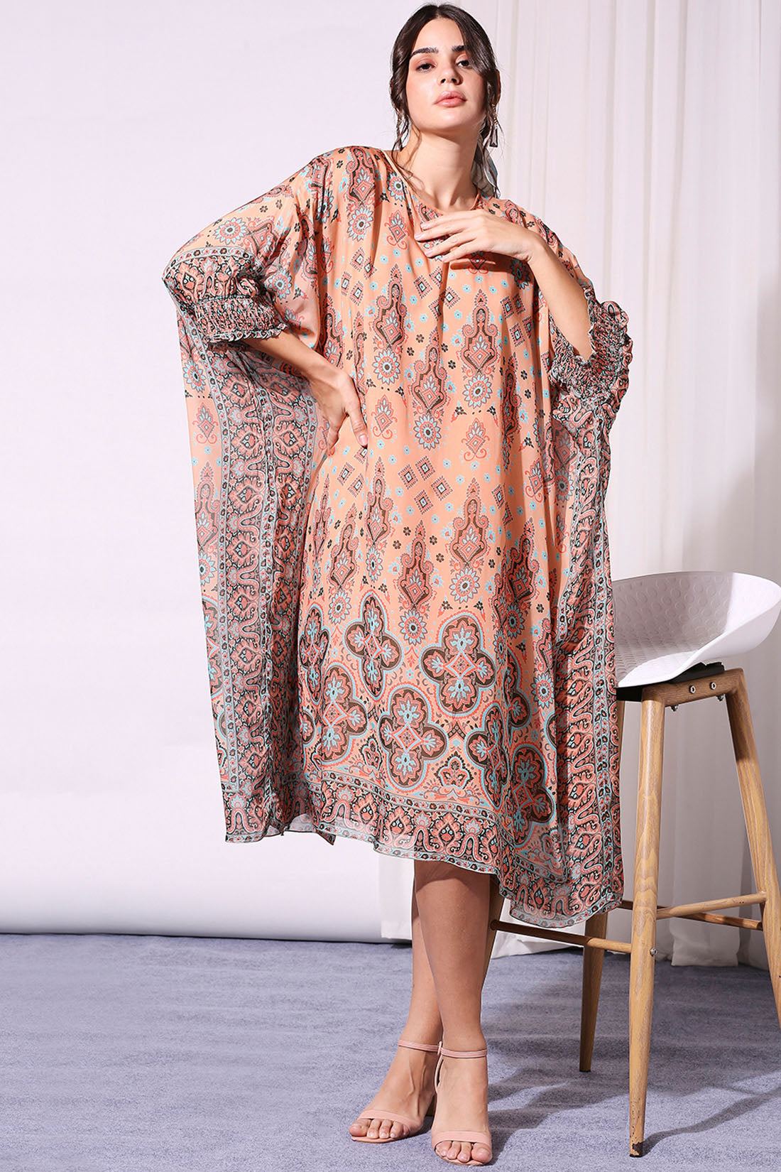 Printed Kaftan Dress With Rushed Sleeves