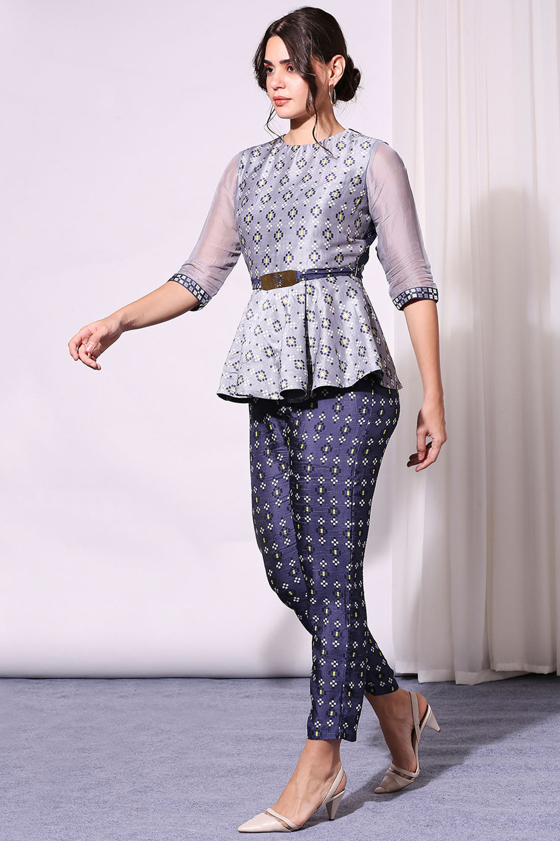 Geometrical Printed Peplum Co-Ord Set With Metal Belt