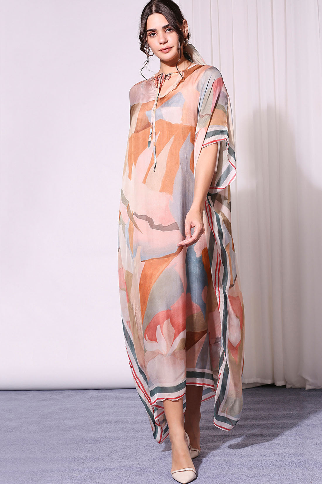 Pastel Pink Conversational Printed Kaftan Dress