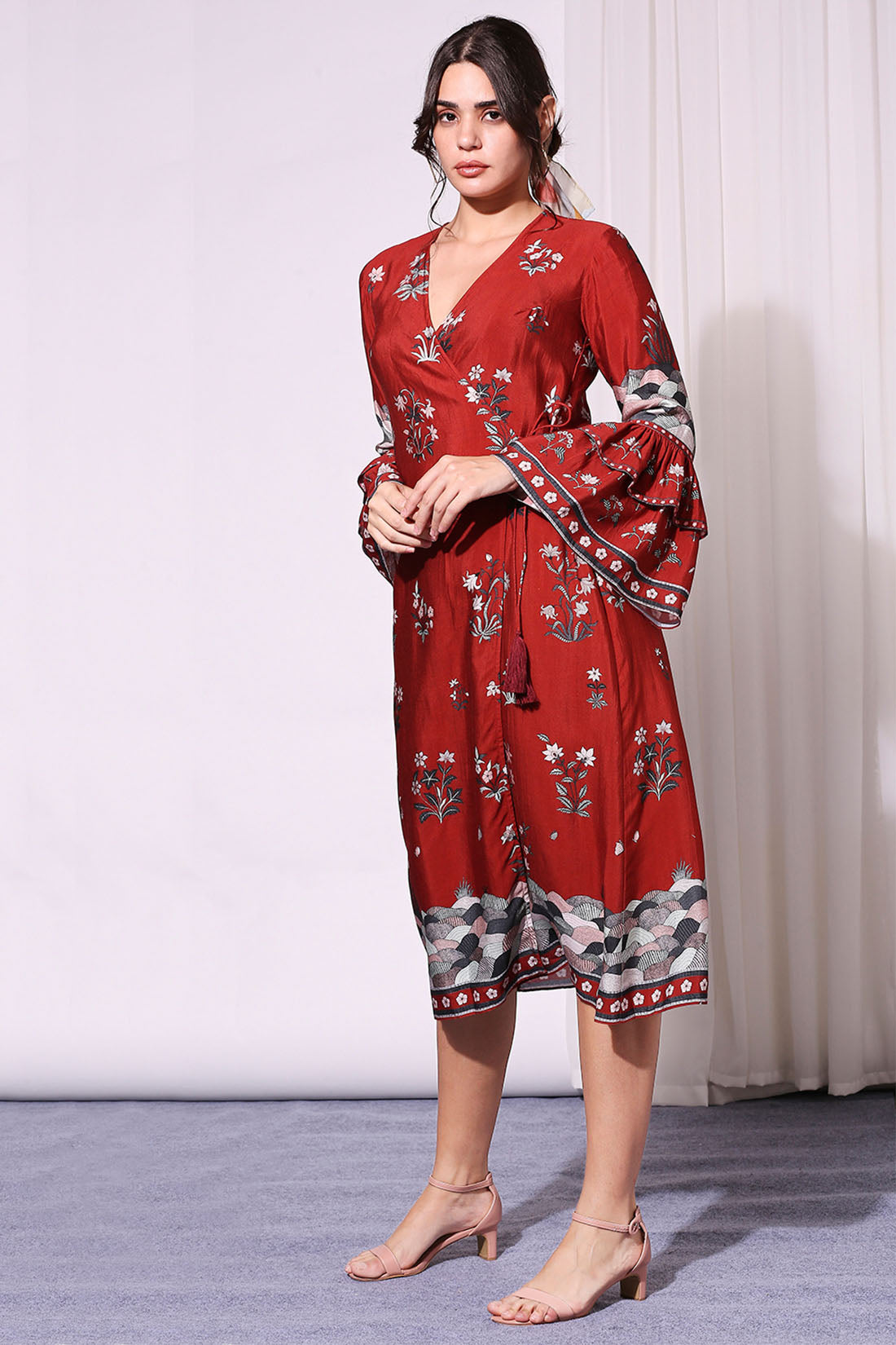 Overlap Red Printed Dress With Bell Sleeves