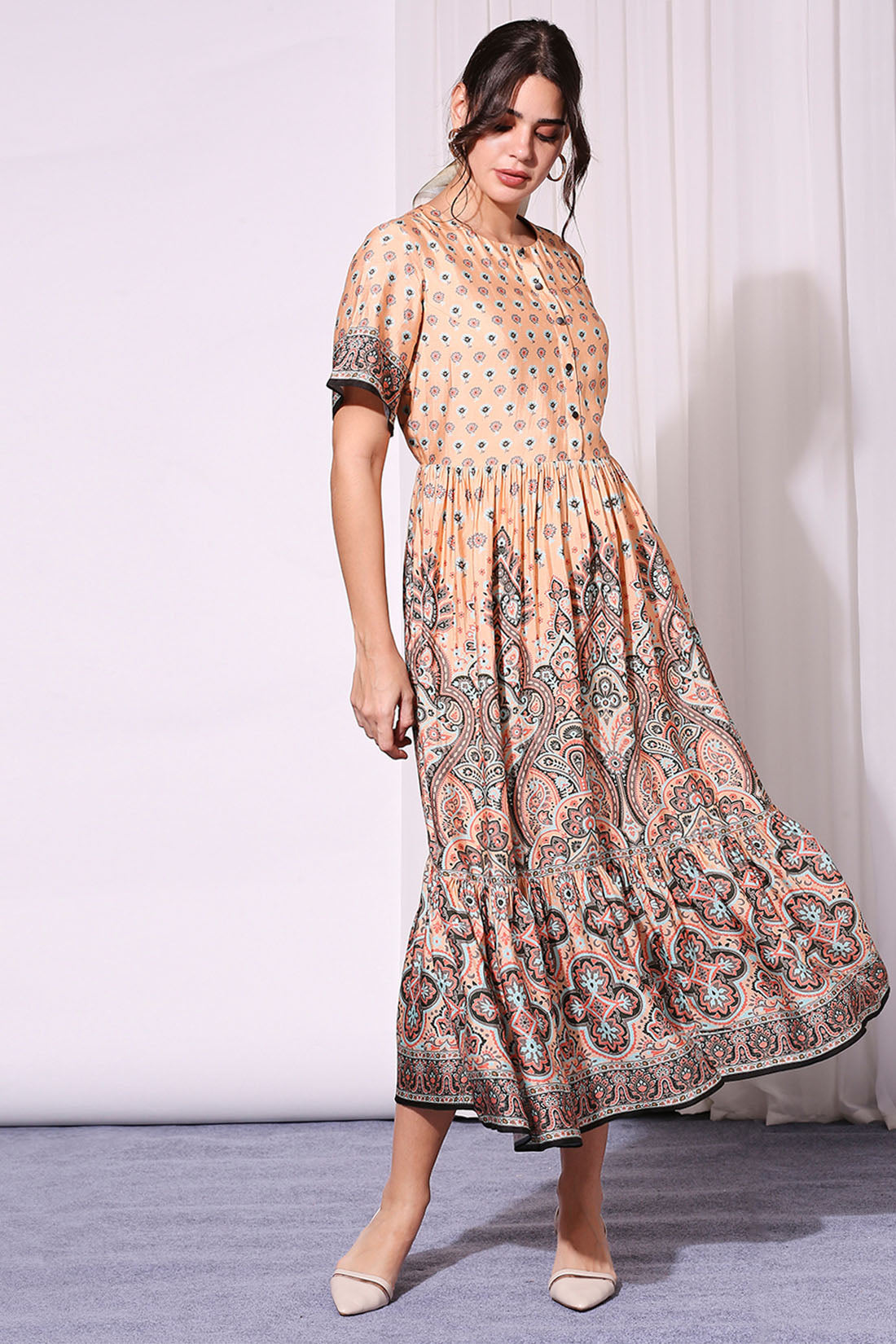 Peach Printed Ethical Kaftaan Dress