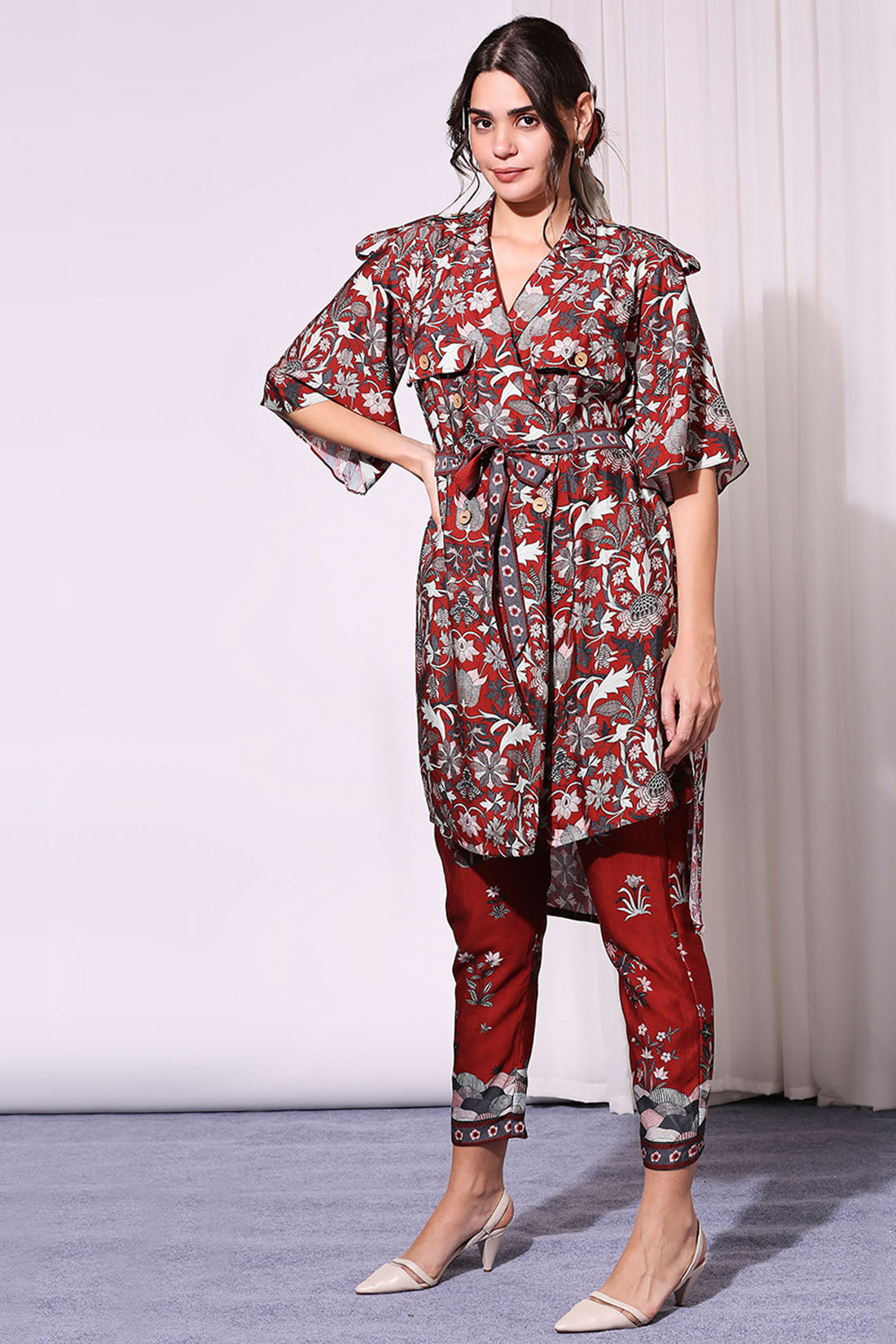 Merlot Red Floral Printed Jacket And Pants