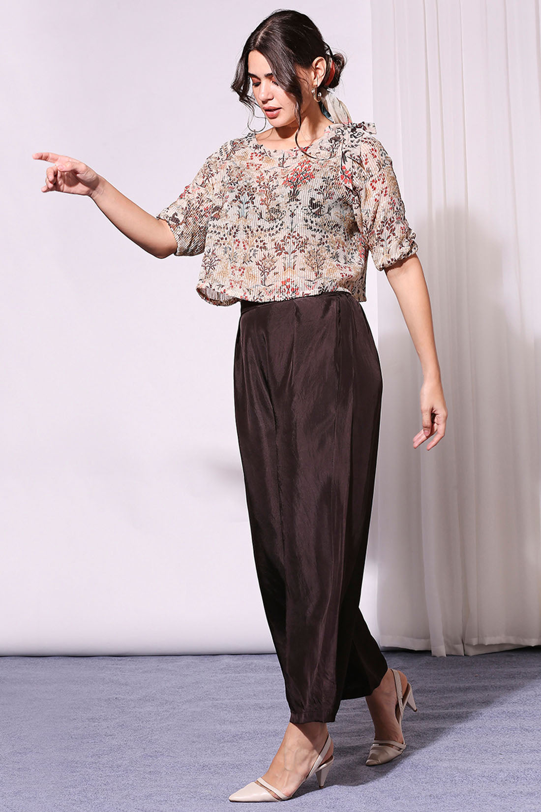 Beige Printed Sequin Off-Shoulder Top Paired With Pants