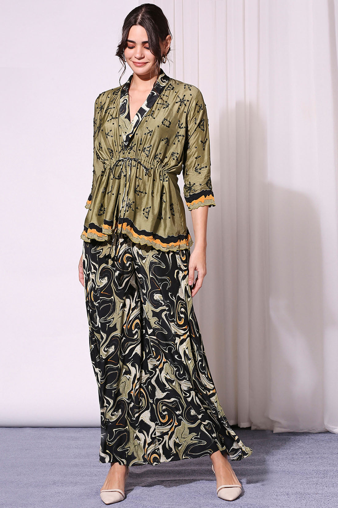 Mehndi Green Saftey Pin Embroidered Top With Marble Printed Pants