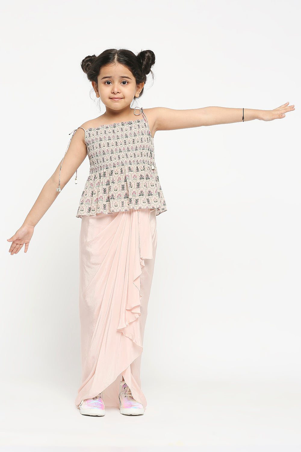 Mughal Floral Printed Crop Top With Shoulder Tie Up Paired With Draped Skirt