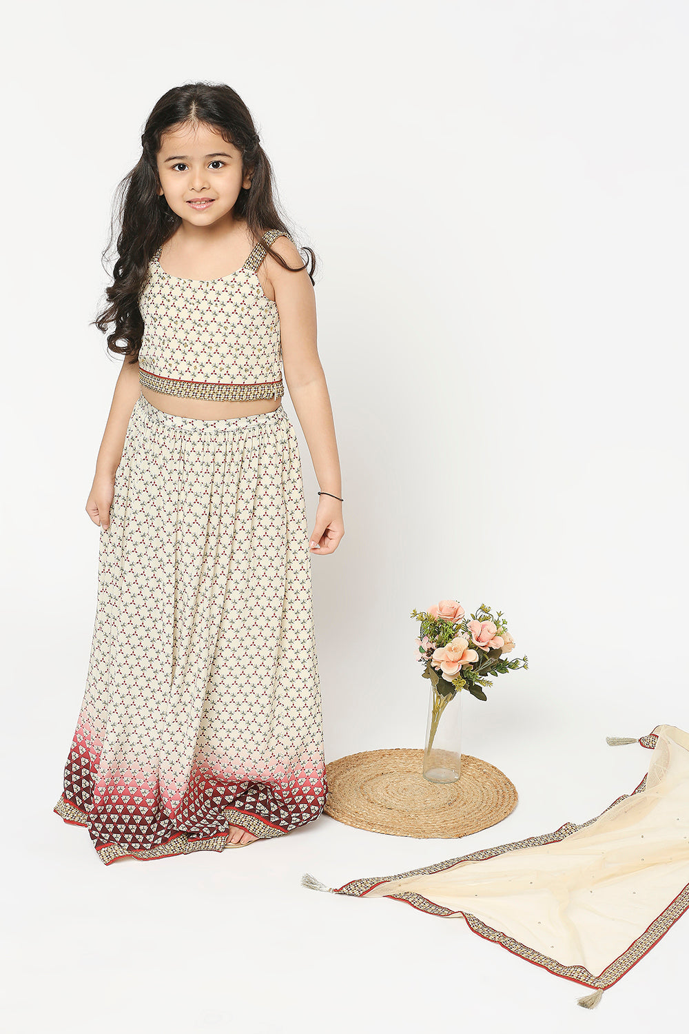 Applique Geometric Printed Lehenga Paired With Crop Top And Net Dupatta