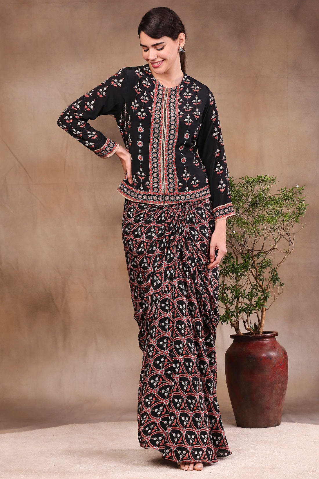 Ethnic Folklore Printed Drape Skirt With Jacket