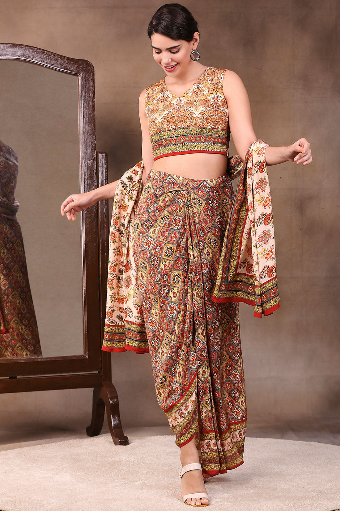Ethnic Folklore Printed Drape Skirt Set With Dupatta