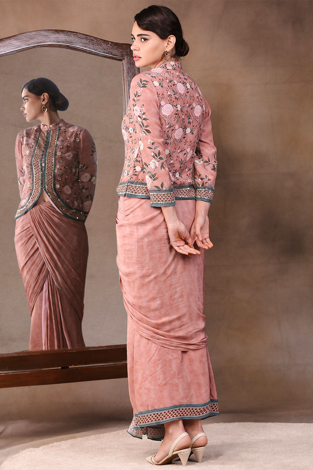 Vintage Trails Printed Drape Skirt With Embroidered Jacket
