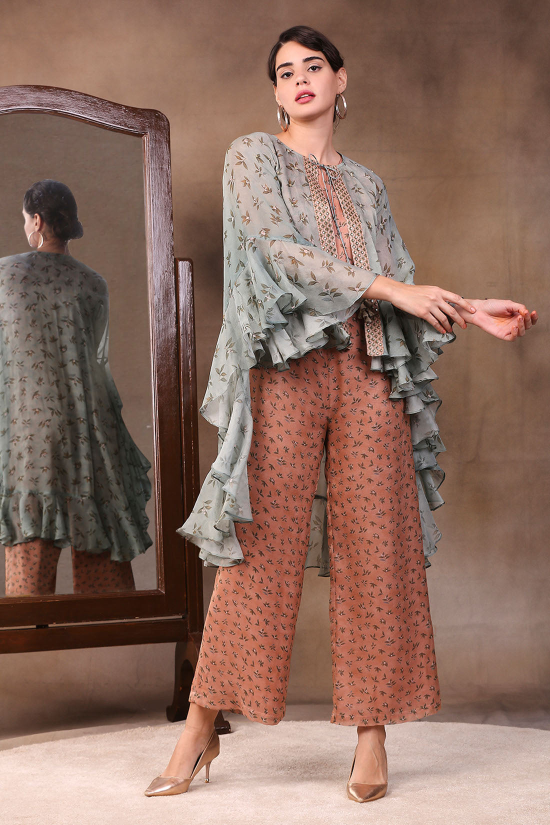 Vintage Trails Printed Jumpsuit With High-Low Cape