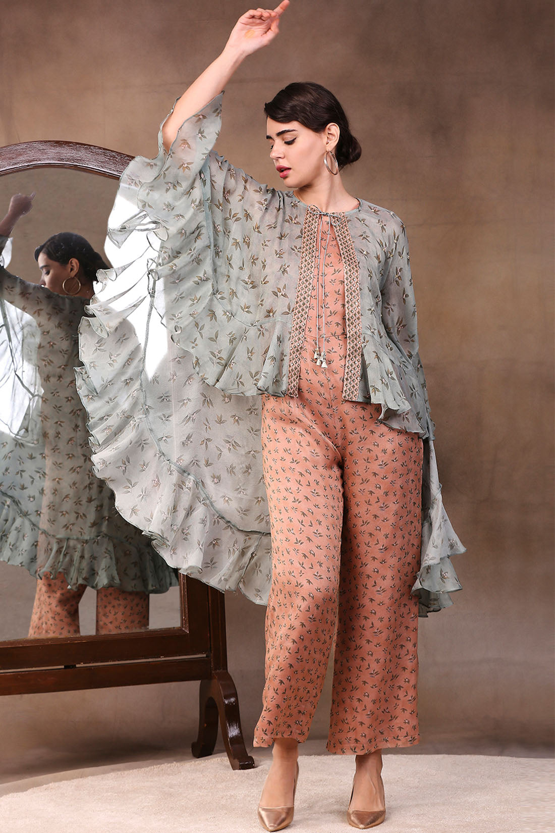 Vintage Trails Printed Jumpsuit With High-Low Cape