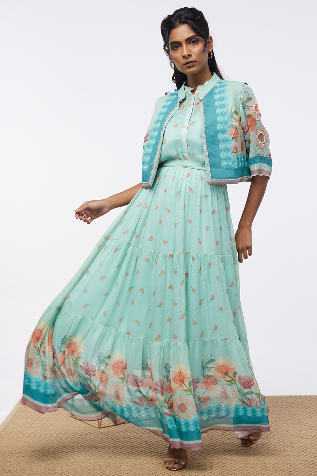 Blooming Bud Printed Tiered Dress With Jacket