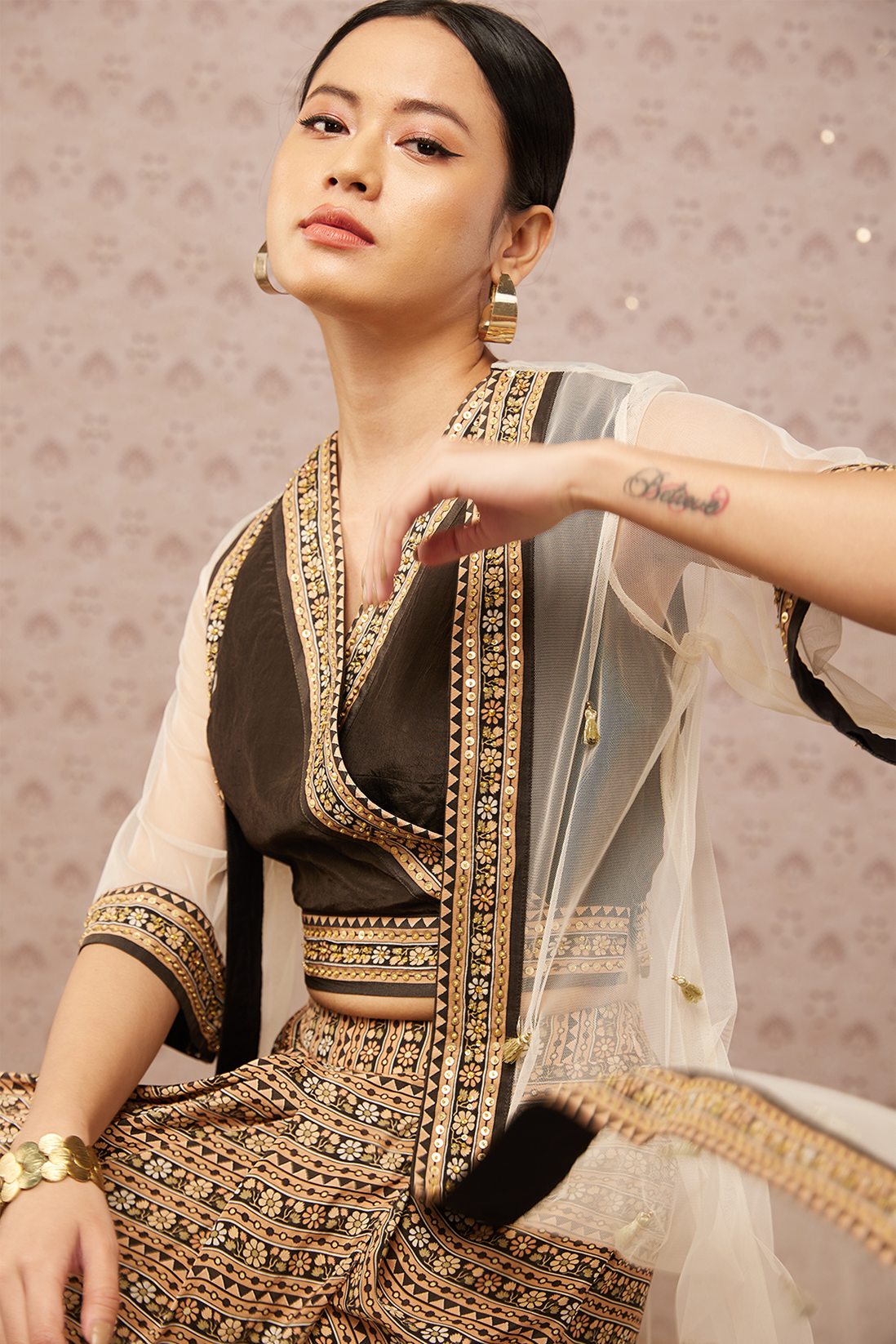 Sarouk Printed Drape Skirt Set With Jacket