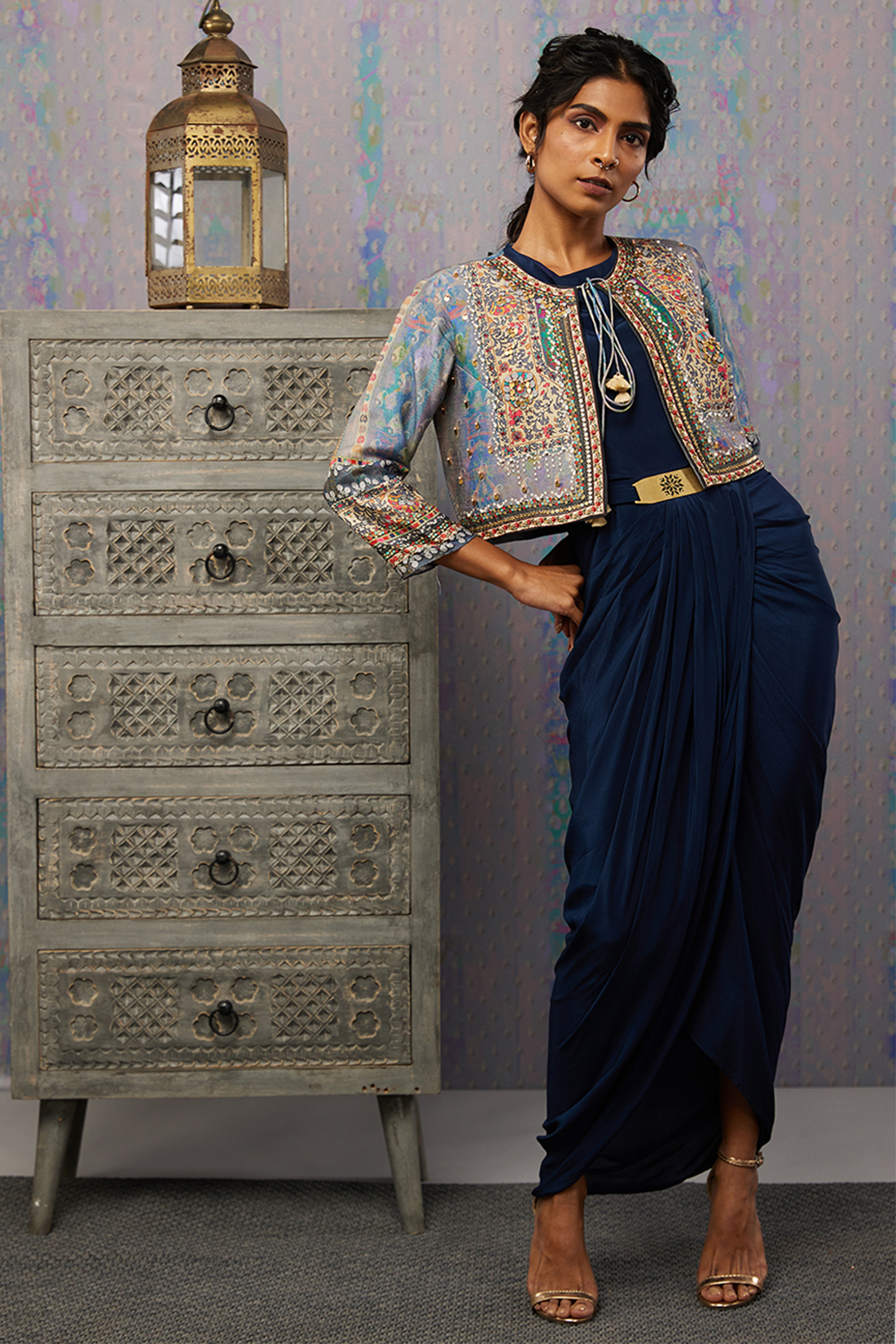 Ikaya Embroidered Drape Dress With Jacket