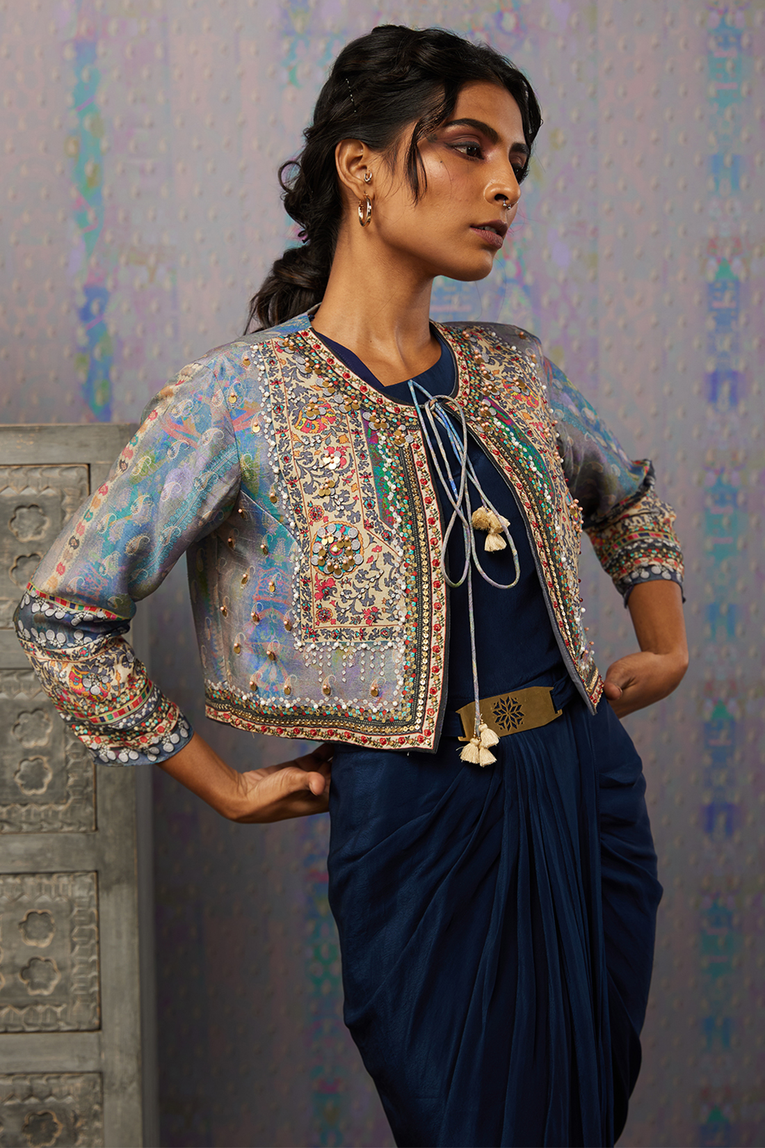 Ikaya Embroidered Drape Dress With Jacket