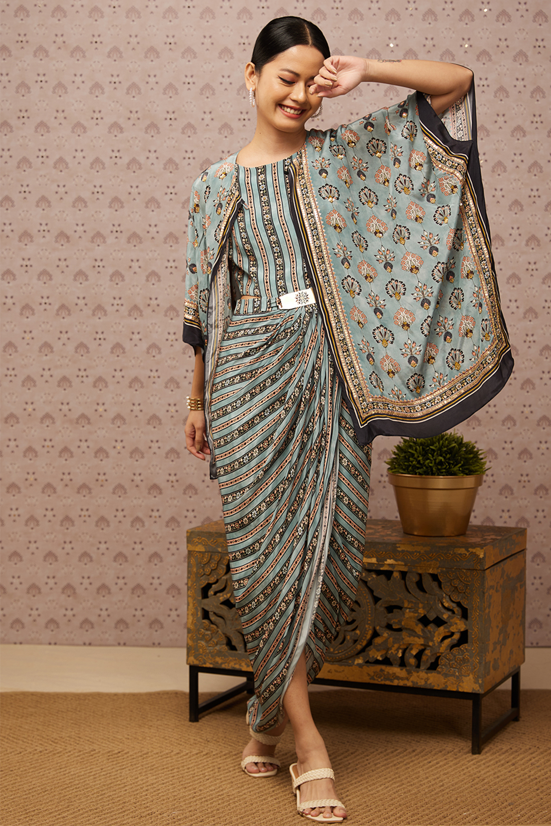 Sarouk Embroidered Drape Dress With Cape