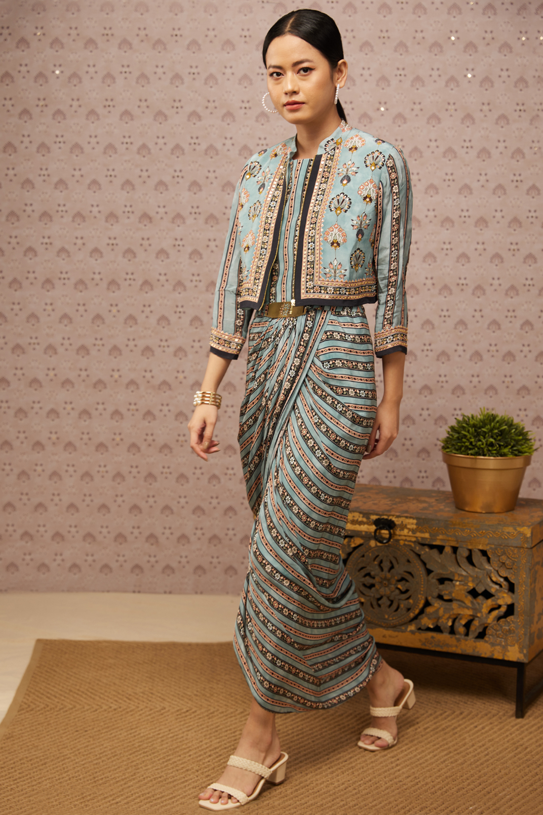 Sarouk Printed Drape Dress With Jacket