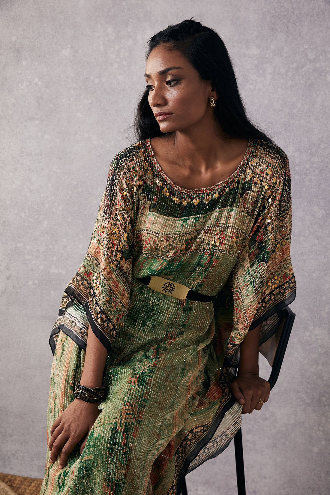 Green Ikaya Embroidered Kaftan Set With Belt