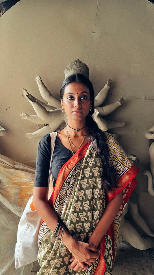 Green Chilli - Bagru Natural Dyes Handblock Printed - Maheshwari Silk Saree