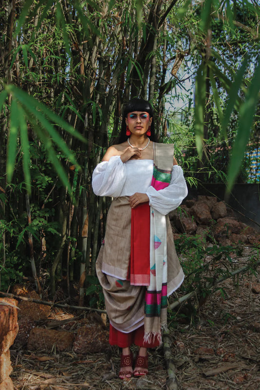 Beige handloom pure Kosa silk saree with Cream colour pallu & Red & Green gemetrical motifs